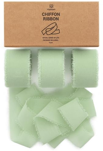 Vitalizart Chiffon-Seidenband, 2,5 cm x 21 m, Fransenstoff, Paket (3 Rollen x 7 Yd) für Hochzeitseinladungen, Brautsträuße, Dekorationen, Geschenkverpackungen und Schleifenherstellung, Salbeigrün