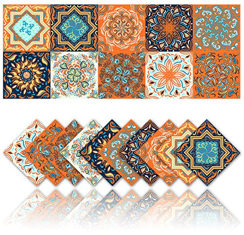 Cendray 20 Stück Fliesenaufkleber Wanddekoration für Badezimmer Küche Wandaufkleber Wasserdicht PVC Dekoration - Aufkleber Orange Boho 2D Peel und Stick (15 x 15 cm)