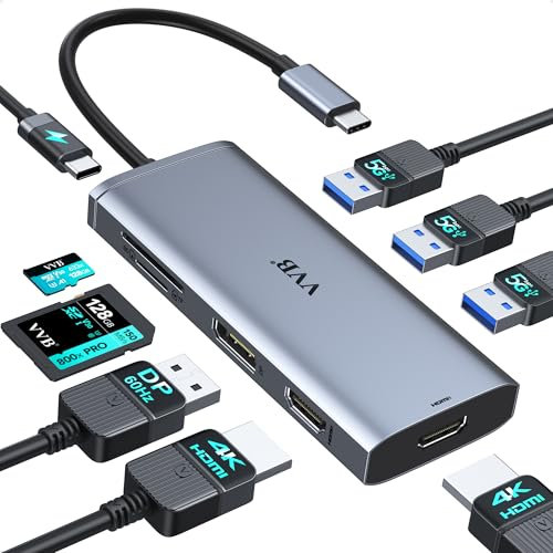 Docking station USB C Dual Monitor, adattatore USB C Hub Multiport Tripla Display USB-C Docking Station per laptop con DP/DisplayPort, Dual HDMI, 3USB 3.0, SD/TF, HP, More Type-C Laptop