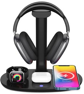 4 in 1 Headphone Stand with 15w Wireless Charger, Qi Charging Station Headset Holder, Detachable Design, Headphone Stand for Travel, Home, Hotel