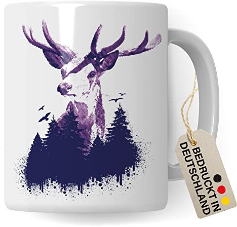 Hirsch Tasse, hochwertiges Design Tasse Geschenk Hirsch-Fans, Natur-Liebhaber Style Kaffee-Becher Handbedruckt in Deutschland