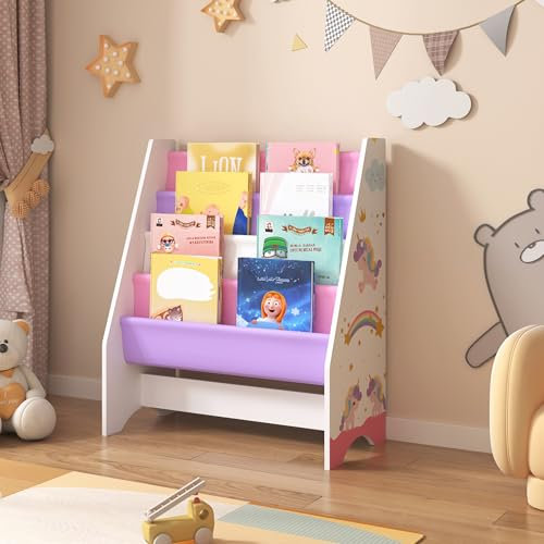 [en.casa] Kinderregal Fisterra Kinder-Bücherregal freistehend mit Einhorn-Motiv 74 x 62 x 29 cm Kinderzimmerregal mit 4 offenen Ablagefächern Bücher-Organizer Weiß/Rosa/Lila