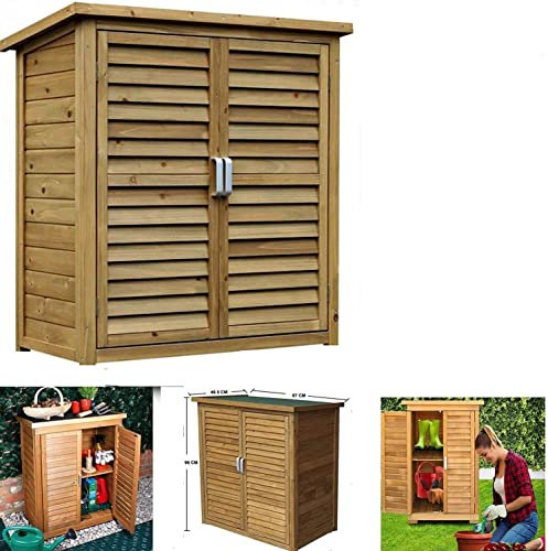 FEFE® Wooden Outdoor Garden Lawn Cabinet Tool Shed Shelf Cupboard Storage Shed Outdoor Storage Shed Chest Double Doors with Shelf Hinged Roof Compact Size 87 x 46.5 x 96cm