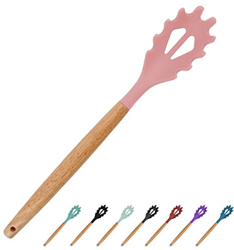 Pink Silicone Spaghetti Server with Wooden Handle - 12.6 Inch Pasta Fork & Spoon, BPA Free