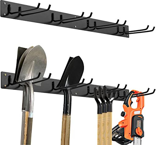 COSTWAY Organizador de Herramientas de Jardín, Estante de Herramientas de Trabajo de Metal con 8 Ganchos, Dispositivo Montado en la Pared de 91 cm para Palas, Rastrillos y Más, Capacidad de 150 kg