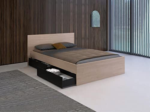 Vente-unique-Bett mit 2 Schubladen - 140 x 190 cm - Naturfarben & Schwarz - VELONA