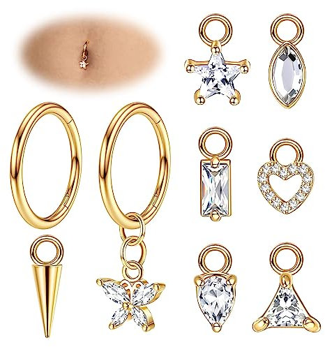 Adramata 14G Bauchnabelpiercing Chirurgenstahl Herz Schmetterling Hängend Ohr Set - Silber Gold Ring Körper Schmuck