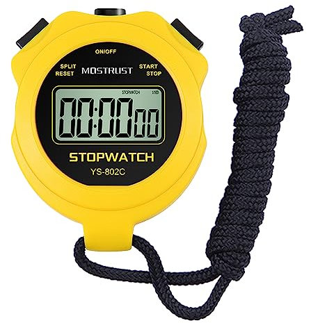 MOSTRUST Digital Simple Stopwatch, Single Lap/Split Basic Stopwatch, No Clock No Alarm No Bells, On Off with Lanyard for Swimming Running Sports Training Coaches (Yellow) (802C)