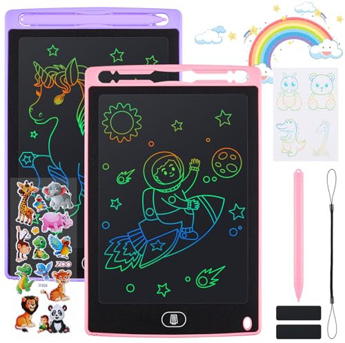 Damcyer 2 PCS Tableta de Escritura LCD 8,5 Pulgadas,Tablero de Dibujo Electrónico con Pantalla Colorida,Cuaderno Borrable con Pegatinas de Animales, para Niños y Niñas de 3 4 5 6 Años,Rosa + Púrpura