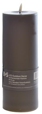 B & S LED Kunststoffkerze Outdoor grau 25 x Ø 10 cm Flackerflamme & Timer