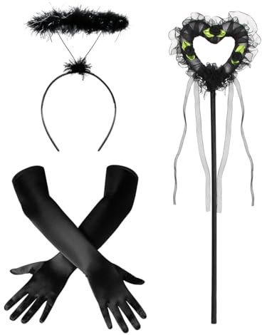 Sprinlot Schwarz Handschuhe Damen, Satin Handschuhe Lang, Schwarzer Engel Handschuhe Haarreif Zauberstab, 1920er Jahre Kostüm Zubehör Damen, Accessoire Handschuhe Karneval Fasching Party Cosplay