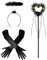 Sprinlot Schwarz Handschuhe Damen, Satin Handschuhe Lang, Schwarzer Engel Handschuhe Haarreif Zauberstab, 1920er Jahre Kostüm Zubehör Damen, Accessoire Handschuhe Karneval Fasching Party Cosplay