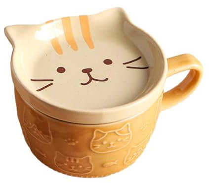 300ml/10oz Cartoon Cat Hedgehog Animal Ceramic Mug Cute Relief With Lid Coffee Milk Breakfast Cup-Yellow Cat