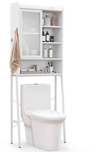 GOPLUS Toilettenschrank, Badezimmerschrank mit Schiebetür, verstellbaren Regalen & Haken, Toilettenregal WC-Schrank über der Toilette mit robustem Metallrahmen, 63 x 29 x 170 cm (Weiß)