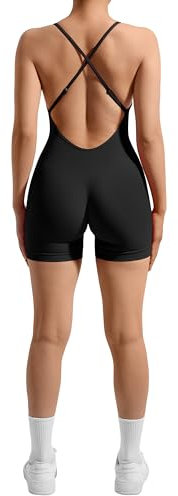 RXRXCOCO Spaghetti Strap Ärmellos Gerippte Push Up Scrunch Booty Jumpsuit Damen Eng Rückenfreie Padded Overall Bauchweg Kurz Yoga Sport Einteiler Romper #2 Schwarz S