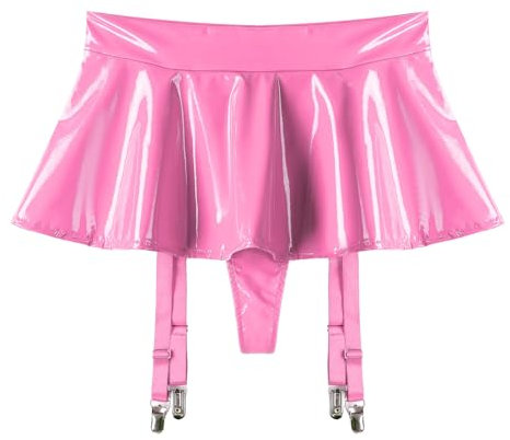 Choomomo Damen Wetlook Minirock Kurz Eng Lack Leder Rock PU Lederrock Skater High Waist Skirt Reizwäsche Party Clubwear gr. S-4XL Hot Pink M