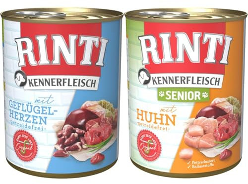 RINTI Kennerfleisch mit Geflügelherzen 12 x 800 g & Kennerfleisch Senior + Huhn 12 x 800 g