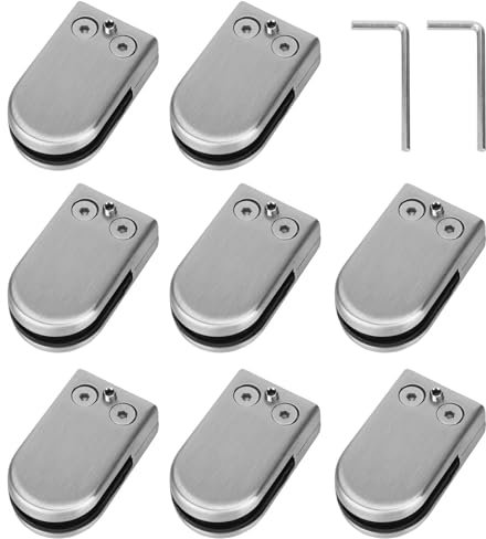 Glass Clamps, FUOBECIE 8PCS 6-8mm Stainless Steel 304 Glass Clips, Adjustable Glass Bracket Stainless Steel Flat Back Round Glass Clip Grip for Stair, Balustrade and Handrail-Flat Bottom