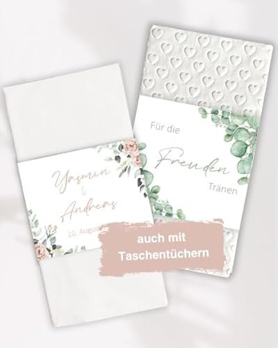 50/75/100 Freudentränen Banderolen inkl. Klebepunkte, verschiedene Farben Designs, personalisiert, geprägte Taschentücher Herzen Seifenblasen, Freudentränen Hochzeit, Eukalyptus, rosa, gold