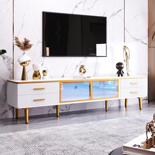 WENCHSH TV-Bänke mit Geschnitzte texturierte Schranktüren, TV Board mit Goldene Griffe und Füße, TV-Schrank, TV-Ständer Tischplatte mit Marmor-Muster, TV-Sideboard Wohnzimmer Weiß, 170 lang