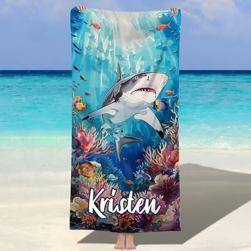 Jodimitty Mikrofaser Strandtuch Personalisiertes Name Wasserabsorbierend Schnelltrocknend Strandhandtuch für Erwachsene Kinder Strand Schwimmbad, 60x120cm/76x152cm/90x180cm (Hai 1)