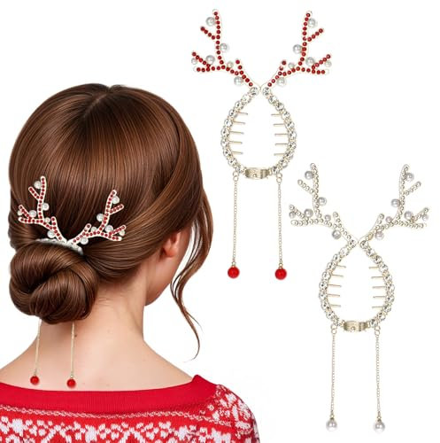 Amabro Lot de 2 pinces à chignon de Noël en forme de renne avec perles en strass, accessoires de cheveux de Noël pour femmes et filles