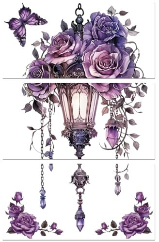 Peacoblue UV DTF Rub-On Transferfolie Möbel-Sticker Lila Straßenlaterne und Rosen Muster 15x30cm, 3 Stk. Wasserfeste Deko-Transferaufkleber für Möbel Glas Porzellan Wäscheschränke Kommoden Kunststoff