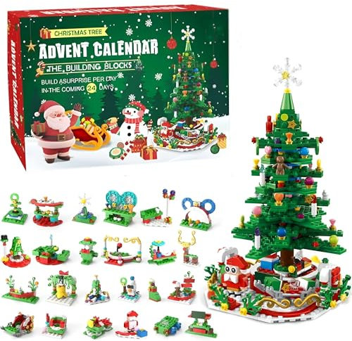 Advent Calendar 2024 Christmas Tree Building Set, Christmas Tree Building Blocks with LED Lights, 24 Days Christmas Countdown Calendar Surprise Gift for Kids Adults, Boys Girls Party Gifts (ST-21)