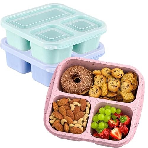 ZHUIYIWIN Snack Boxes (3 Pack), Reusable Bento Lunch Boxes with 3 Compartments for Kids Adults,Divided Food Storage Containers for School Work Travel,Multicolor