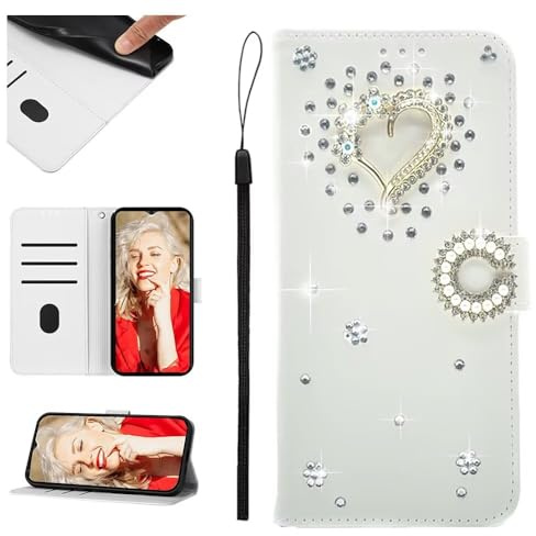 SEHEYA Hülle kompatibel mit Samsung Galaxy A50 / A30S / A50S Klapphülle Weiß PU Leder Glitzer Liebe Herz Diamant Strass Bling Handyhülle Magnet Verschluss Tasche Schutzhülle Kartenhalter Etui