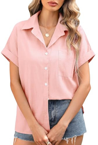 Xnova Camisas Mujer Verano Manga Corta Blusas de Mujer Algodón Elegantes Cuello en V Básica Camiseta Tops con Botones, Rosa, L