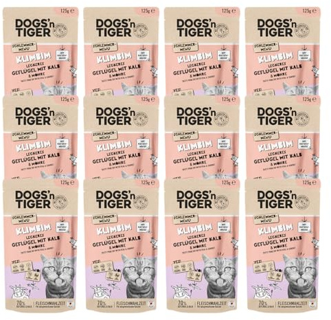 Dogs'n Tiger Klimbim Nassfutter Katze, Geflügel, Kalb & Möhre, 12x 125g | Katzenfutter nass, Alleinfutter, hoher Fleischanteil, getreidefrei, ohne Zuckerzusatz, ohne Konservierungsstoffe