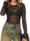 IECCP Mesh Tops for Women UK Black Long Sleeve Sheer Lace Top Slim Fit See Through Mesh T-Shirt Lace Blouse for Party Club Black XL