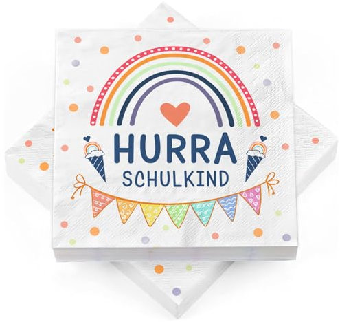 40 Stück Servietten Einschulung – HURRA SCHULKIND, 33 x 33 cm –Regenbogen Einschulung Deko Schulkind 2025 Mädchen Junge, Tischdeko Einschulung