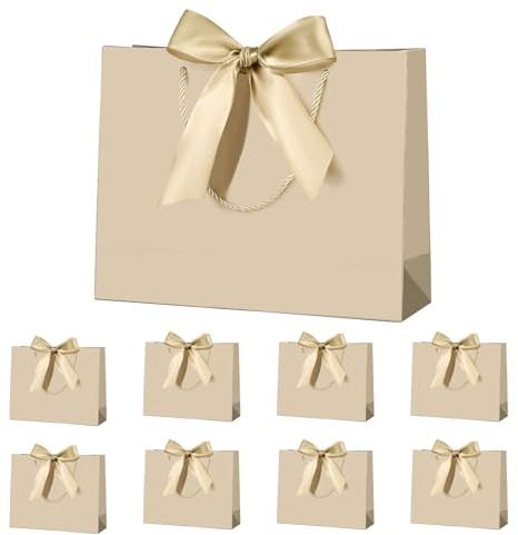 Yieseang Geschenktüten,Geschenktüte Weihnachten | Geschenktaschen mit Schleife für Geburtstag,Hochzeit,Valentinstag,32x25x10cm,8 Stück,Beige