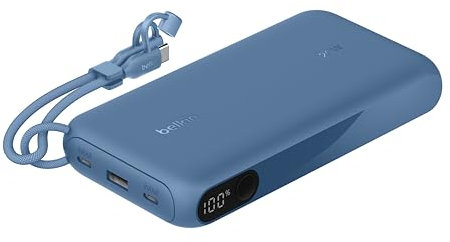 Belkin Batterie Externe USB-C 20 000 mAh, Power Bank avec 2 Ports Type C et 1 Port USB-A (écran numérique, 20 W, pour Tous Les modèles de l'iPhone 16, Samsung Galaxy S25, Pixel 9, iPad, etc., Bleu)