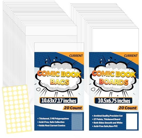 LOTMER 20 Sets Current Comic Book Bags and Boards 20 Pack Thickened 27PT Comic Book Backing Boards 20ct Acid Free Clear for Collectors Normal Comic Book Magazine Storage