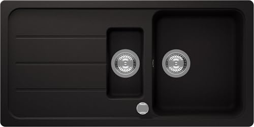Respekta Austin Massivgranit Spüle 100 x 50 / Hitzebeständig/Abgeschrägte Abtropffläche/Einbau-und Unterbaumontage / 1,5 Becken/für Unterschränke ab 60 cm Breite/Schwarz