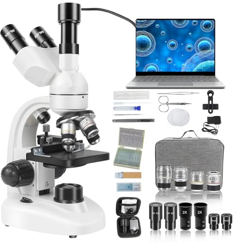 Microscope Trinoculaire Composé avec Oculaire Électronique, Agrandissement 40X à 5000X Microscope Professionnel pour Adultes, Inclut Oculaires WF10X et WF25X, Platine Mécanique et 30 Lames Préparées