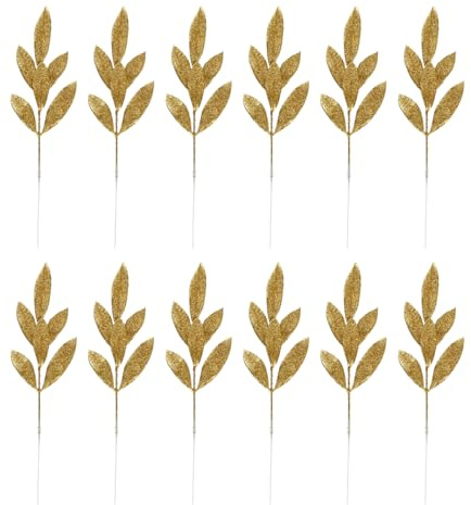 Lotsdonxia 12 Pcs Artificial Glitter Leaves Branches - 13.1 Inch Silver Christmas Tree Picks for DIY Crafts, Xmas Wreaths, Garland Arrangements and Holiday Home Decor (Gold)