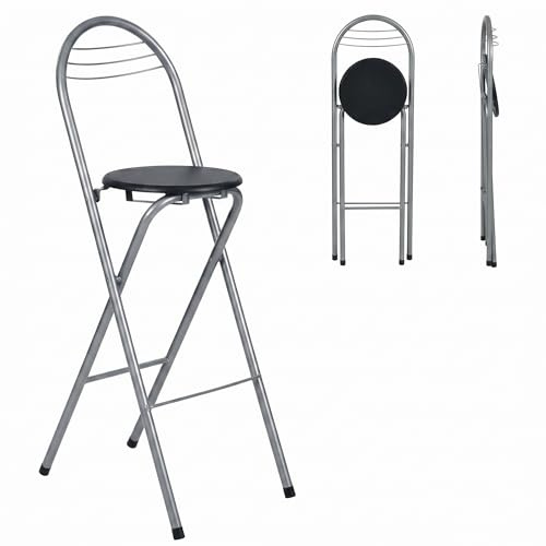 Liink1Ga 1 Stück Barhocker Klappbar mit Lehne, Schwarz&Silber/Sitzhöhe 75CM | Klapphocker Faltbar Barstühle Bar Hocker Klappbar Holz Stuhl Klappstuhl für Indoor Outdoor Küche Bars Bistro Camping
