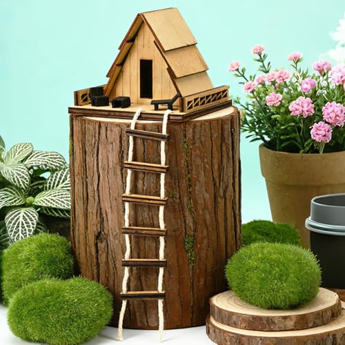 JULEASEL Mini casa de árbol de madera con escalera, mini casa de árbol, maceta en miniatura con marco A, casa de jardín de hadas, adorno rústico de escritorio de cabaña de troncos