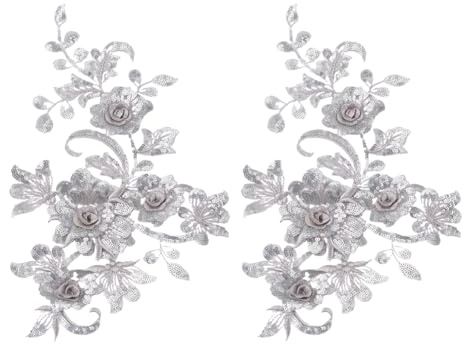 HOBBIESAY 2 Stk Spitzenapplikation für Brautdekoration, DIY Kleiderzubehör | Floral,Paillettenperlen,Polyester,Silber,22×34cm,1~8,5mm,Maschinell versiegelte Folie,Dreidimensional