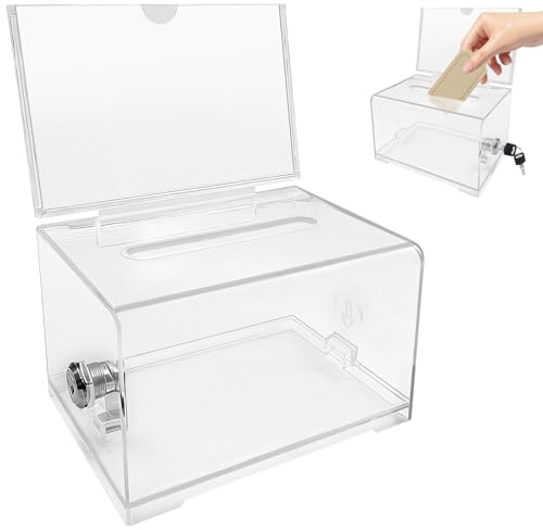 Zatixbu Acrylic Donation Box with Lock and Sign Holder, Transparent Suggestion Box with Slot, Clear Money Boxes for Fundraising Voting Charity Tip Collection, 16x12x20cm