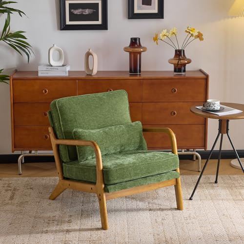 Bonnlo Accent Chair, Soild Wood Lounge Armchairs, Chenille, Olive Green