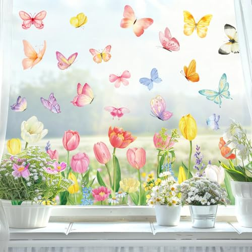 SLOTHBYTE Fensterbilder Frühling Deko, 9 Blätter Selbstklebend Fensterbilder Blumen Schmetterling Doppelseitig Fenstersticker Frühling Wiederverwendbar für Fensterdeko Kinderzimmer Frühlingsdeko