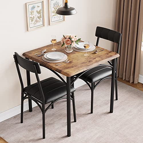 GarveeMore 3-Teiliges Esstischset Für 2 Personen, Kleiner Küchentisch Mit Gepolsterten Stühlen, Quadratischer Holztisch Mit Sitzpolster, Platzsparendes Essset Für Wohnung, Braun