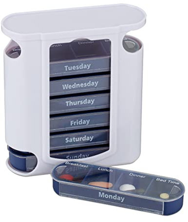 Relaxdays 10023633_361 Boîte à pilules 7 Jours, Plastique, Blanc/Bleu, 13 x 11,5 x 4,5 cm