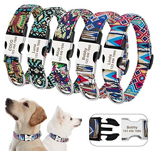 Beirui Tribal Pattern Custom Dog Collar with Engraved Name Plate - Soft Padded Personalised Dog Collars with Lightweight Buckle - Adjustable Pet Collars For Small Medium Large Dogs,L