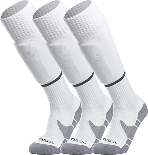APTESOL Knielang Fußballsocken Kinder Jugend Erwachsene Lang Sportsocken Kissen Atmungsaktiv Soccer Trainingssocke (3-Paar Weiß-B, EU 40-44)